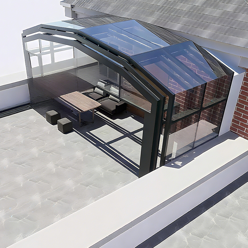 现代电动户外阳光房智能自动伸缩平板模压移动玻璃房伸缩可折叠公园
